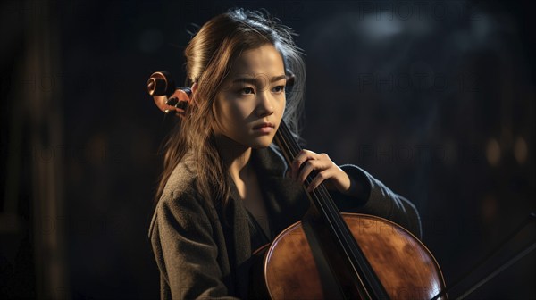 Young asian girl playing her cello at the concert hall under dramatic lights, generatvie AI, AI