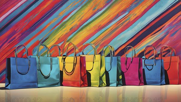 Assorted vibrant shopping bags lined up in front of a colored background, AI generated