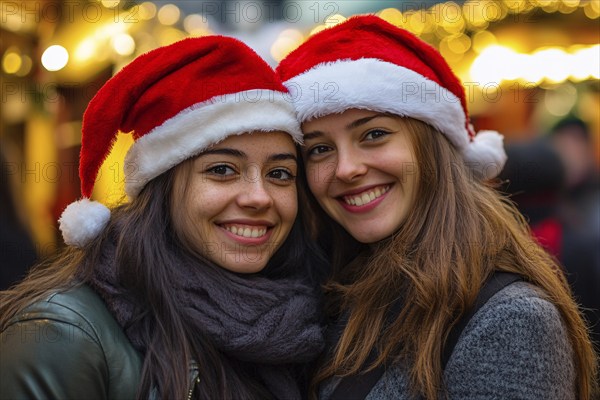 Pair of young women with winter santa hats at christmas market. Generative AI, AI generated