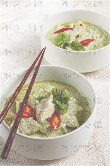 Green curry with chicken, traditional Thai cuisine, Asian food, homemade, no people