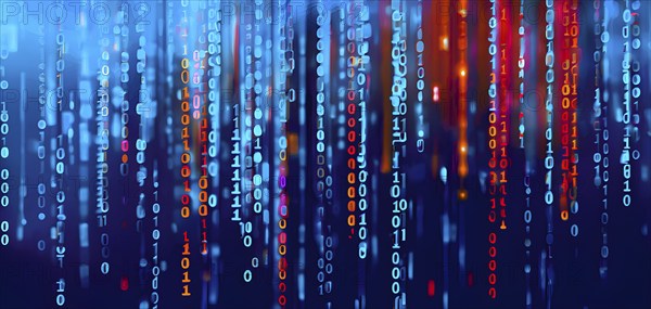 Binary code cascading down like digital rain, representing data insights, vibrant hues, AI