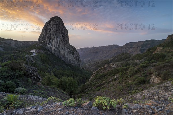 Roque de Agando rock tower at sunrise, Monumento Natural de los Roques, La Gomera, Canary Islands,