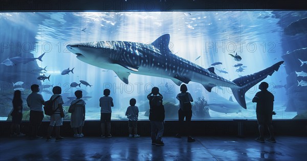 People enjoy marine underwater life in aquarium. Sharks whales Manta Rays and dolphins, AI