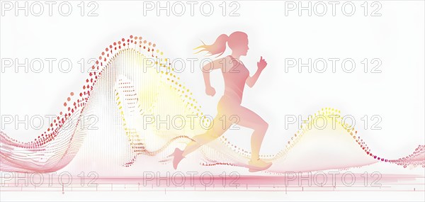Illustration of a wave of data points shaping into a female runner silhouette, red and yellow