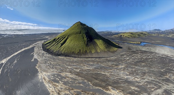 Aerial view, Mælifell mountain covered with moss, Maelifell, black sand desert Mælifellssandur,