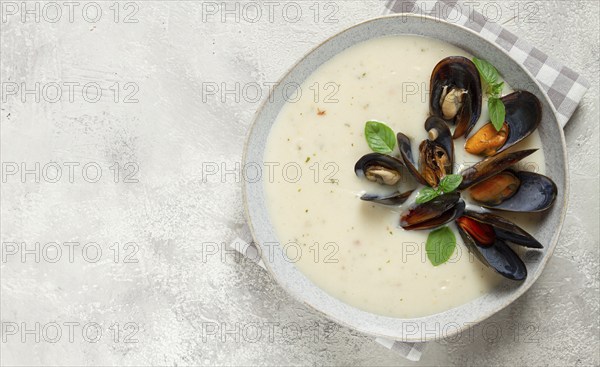 Chowder cream soup with mussels, American cuisine, homemade, no people