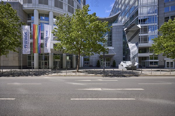 DZ Bank flags, rainbow flag and the sculpture Inverted Collar and Tie by Claes Oldenburg in front