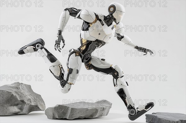 Futuristic humanoid cyborg running and jumping over rocks in front of a white background, AI