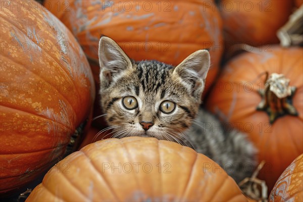 Young cat between large orange pumpkins. Generative Ai, AI generated