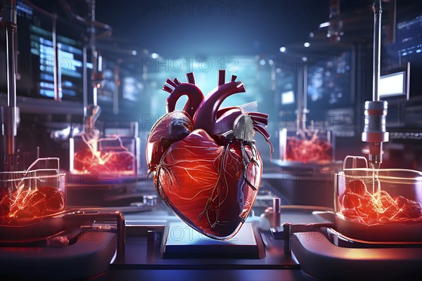 Human heart enmeshed in a delicate network of cells and arteries, AI generated