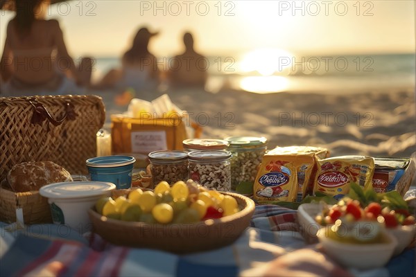 Picnic scene with healthy food and snacks on a sunny sandy beach, AI generated