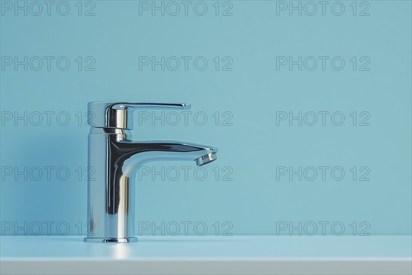 Water faucet tap on blue studio background. KI generiert, generiert, AI generated