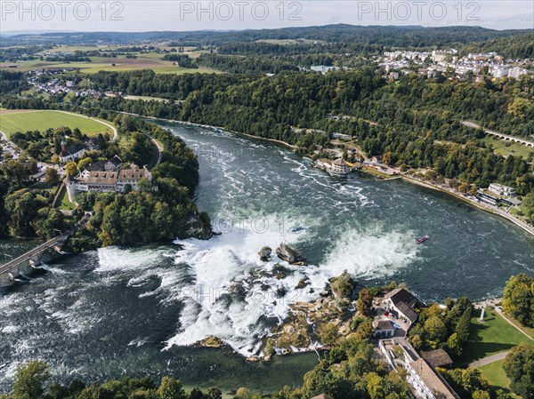 Aerial view of the Rhine Falls in autumn, Neuhausen, Canton Schaffhausen, Switzerland, Europe