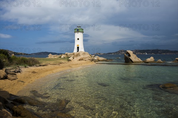 Lighthouse with beach and bizarre granite rocks, Spiaggia Porto Faro, Faro di Punta Palau, Palau,