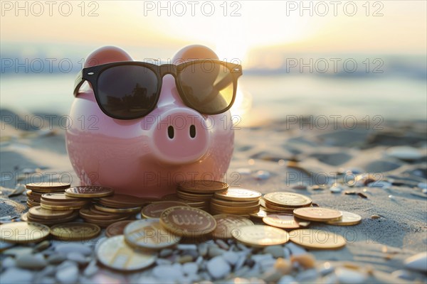 Piggy bank with coins on sunny beach. Generative ai, AI generated