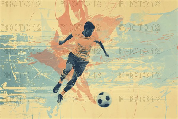 A soccer player dribbles and kicks a soccer ball. Abstract vintage grungy poster style with muted