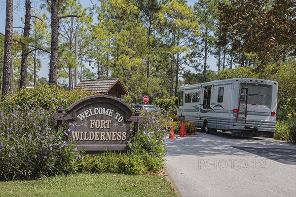 Sign indicating entrance to Fort Wilderness Resort at Walt Disney World, Florida, USA, North