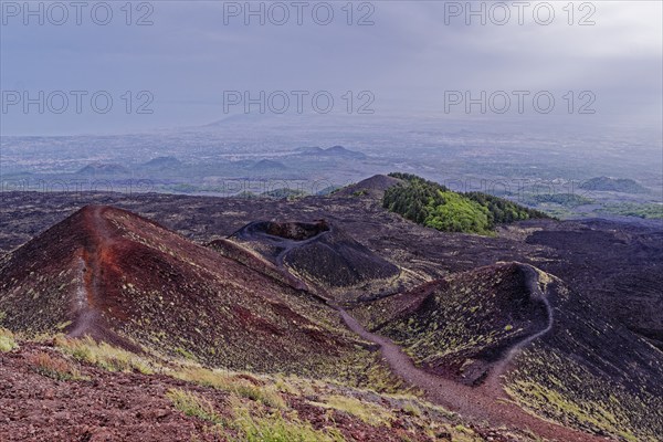 Lava rock and crater landscape around the Crateri Silvestri in the Etna National Park, Parco