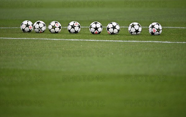 Adidas Derbystar Pro match balls lie on grass, Champions League, Allianz Arena, Munich, Bavaria,