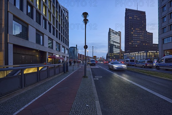 Ebertstraße with skyscrapers Forum Tower and Kollhoff-Tower at Potsdamer Platz at blue hour, dusk
