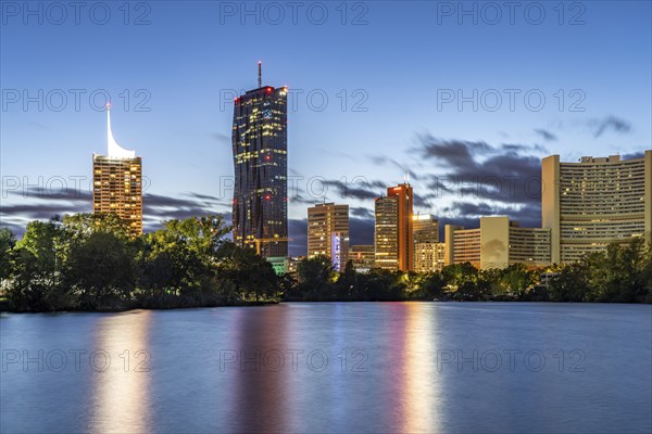 Kaiserwasser, UNO-City and the skyline of Donau City at dusk, Vienna, Austria, Europe