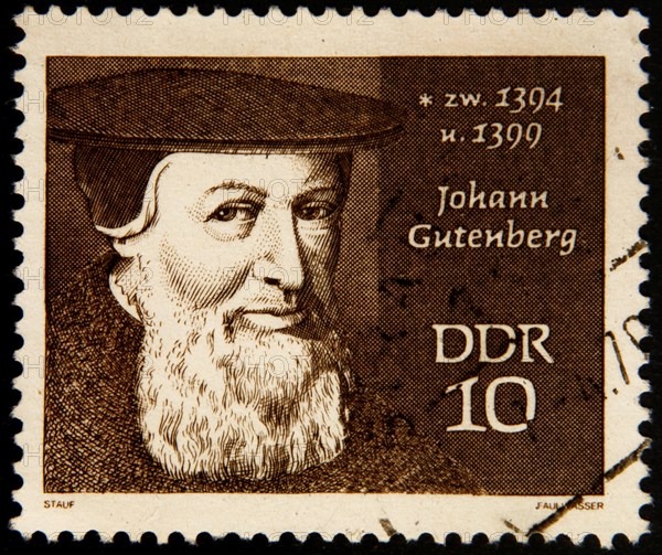 Johann Gutenberg, (about 1400-1468) a German book printer and inventor. Portrait on an East German