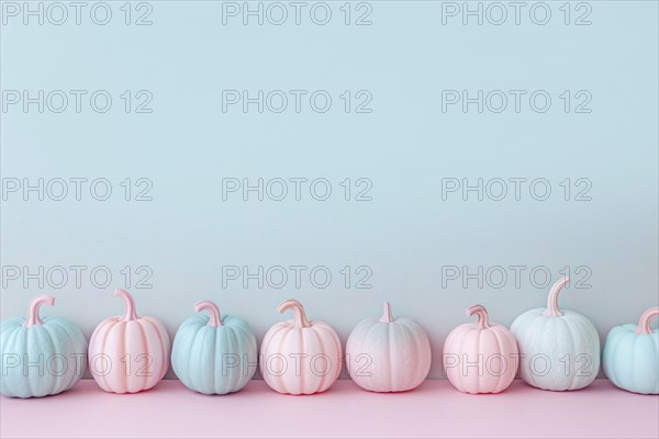 Small pastel pink and blue pumpkins in a row on pastel background with copy space. Generative AI,