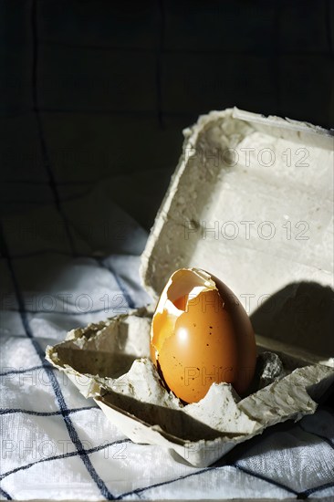 Cracked egg partially spilled on a checkered tablecloth, AI generated