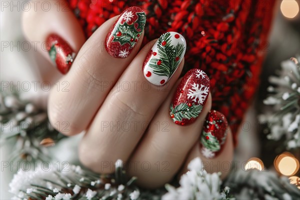 Close up of woman's fingernails with red, green and white colored nail polish with seasonal