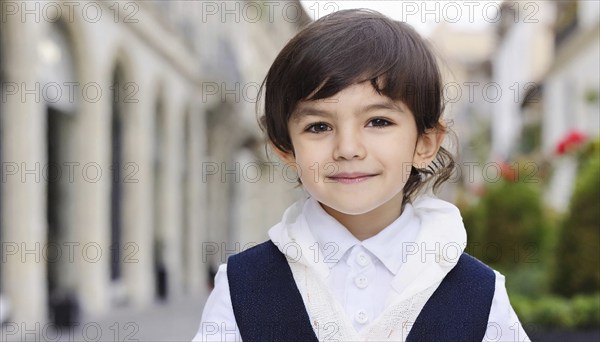 A little boy with brown hair smiles confidently into the camera, wearing a shirt and waistcoat, AI
