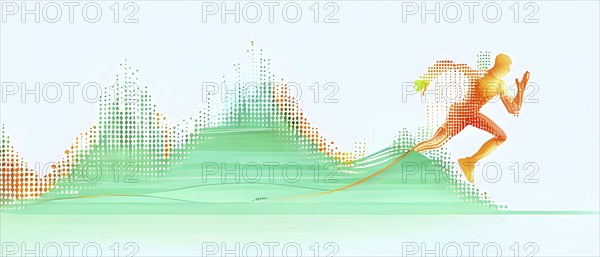 Illustration of a wave of vibrant data points shaping into a runner silhouette, conveying speed and