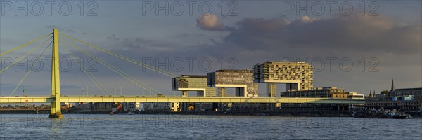 Severinsbrücke and Rheinauhafen harbour with crane houses, Cologne, North Rhine-Westphalia,