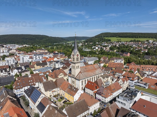 Aerial view of the city centre of Tuttlingen with the Protestant church of St. Peter and Paul,