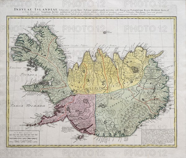 Old map of Iceland, Insulae Islandiae delineatio, old coloured copper engraving after T. H. Knopf,