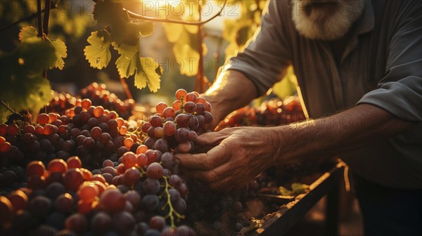 Weathered vintner inspects his wine grape harvest in the vineyard. generative AI