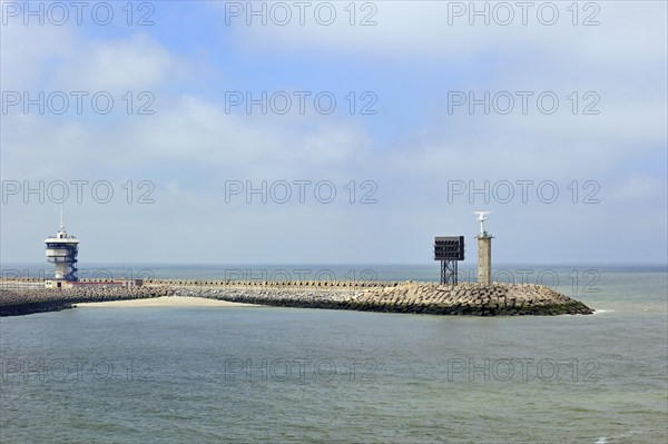 Control tower on the breakwater at the entrance to the port of Zeebrugge, Belgium, Europe