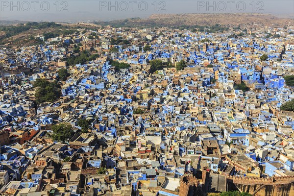 Aerial view of Jodhpur, also known as Blue City due to the vivid blue-painted Brahmin houses around