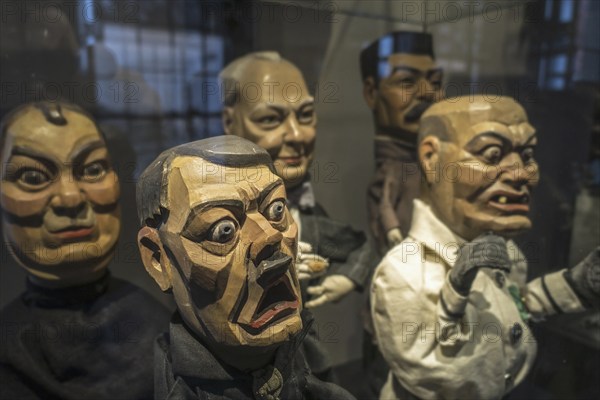 Wooden hand puppets featuring World War Two leaders Adolph Hitler, Roosevelt, Stalin, Churchill and