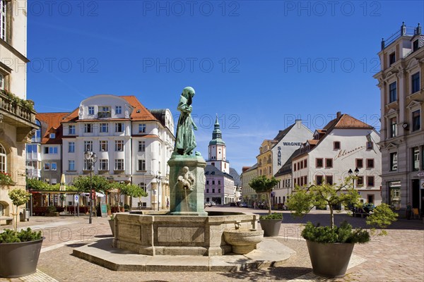 Döbeln Schlegelbrunnen fountain at the town hall. Döbeln is located in the Central Saxon hill