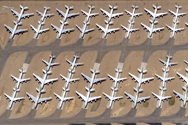 Aerial view of parked commercial aircraft at Teruel Airport in Aragon, parking, storage, scrapping,