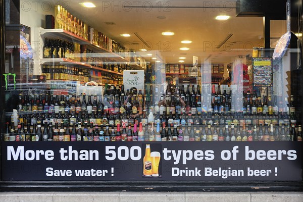 Bruges, Belgium, MAY 29, 2018: Beer shop window in Belgium. Belgium is known for beer production