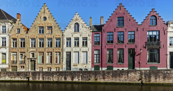 Panorama of canal and medieval houses. Bruges (Brugge), Belgium, Europe