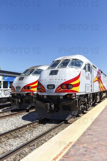 Locomotives of the New Mexico Rail Runner Express regional train railway in Santa Fe, USA, North