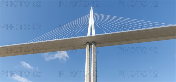 Millau viaduct, cable-stayed bridge over Tarn valley. The highest road bridge in the world. A75