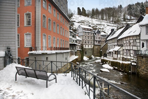 Historic half-timbered houses along the Rur near Monschau, Eifel, North Rhine-Westphalia, Germany,