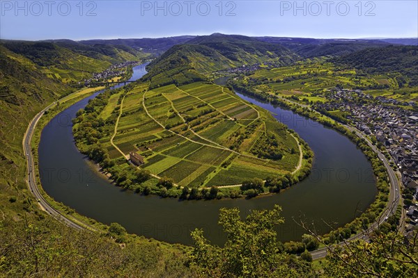 Moselle loop with vineyards and Saint Laurentius Church from the Bremmer Calmont via ferrata,