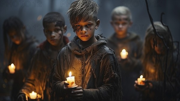 Scary and mysterious children carrying candles on a foggy halloween night, generative AI