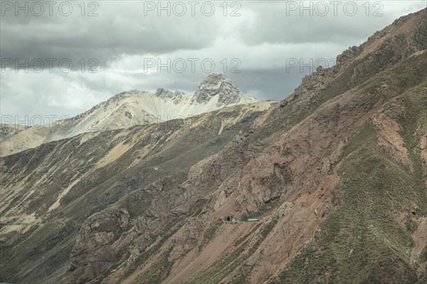 View from the Ticlio Pass in west direction, route of the train line from Lima to La Oroya, Alto de
