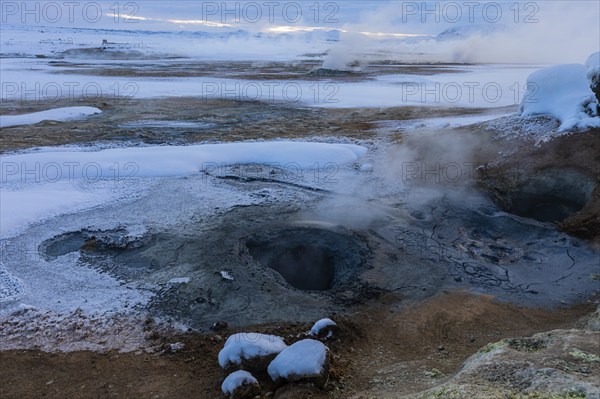 Hverir solfatar field, fumaroles, snow-covered geothermal area, North Iceland Eyestra, Iceland,