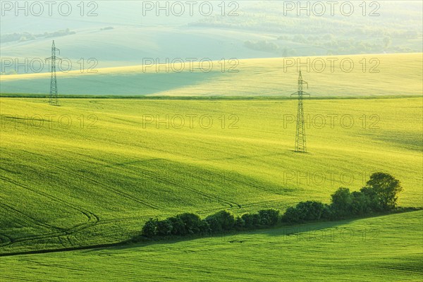Moravian summer rolling landcsape with two power line tower. Moravia, Czech Republic, Europe